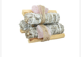 4″ California White Sage with Palo Santo Stick & Rose Quartz Crystal Bundle