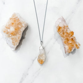 CITRINE CRYSTAL RAW STONE POINT SILVER METAL NECKLACE